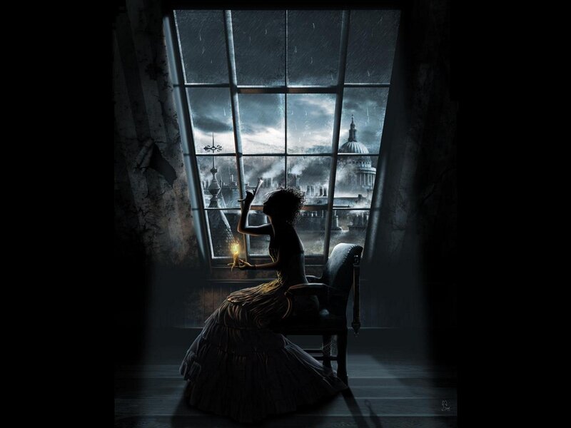Woman in stormy city view