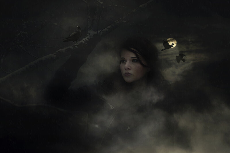 Woman in Stormy Forest — Black