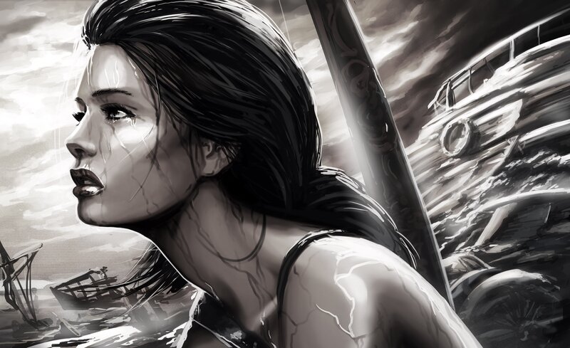 Woman in Stormy Sea — Black, Dramatic