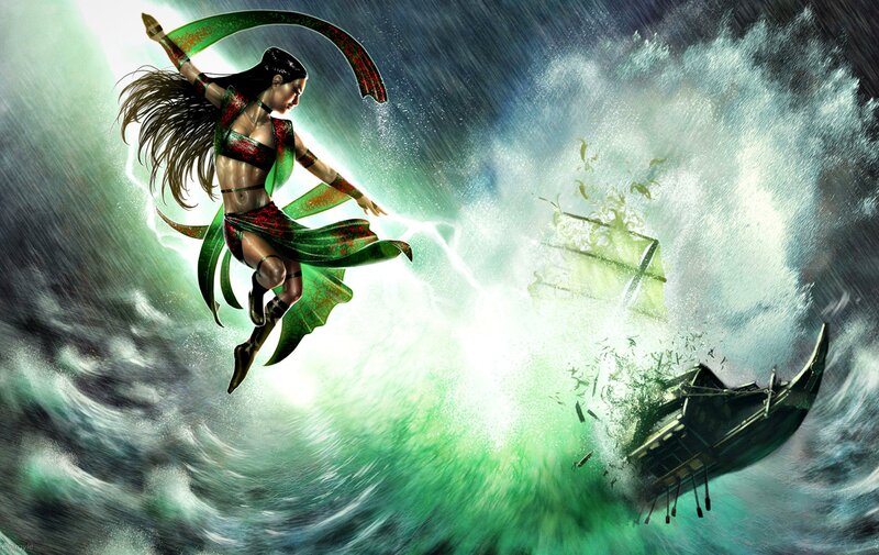 Woman in Stormy Sea — Green, Dramatic