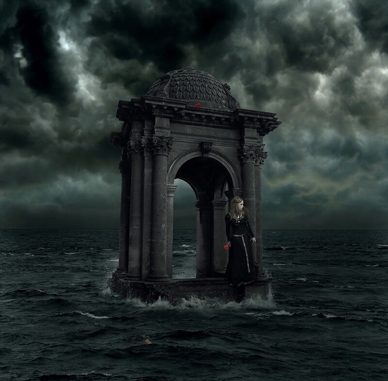 woman in stormy sea pavilion
