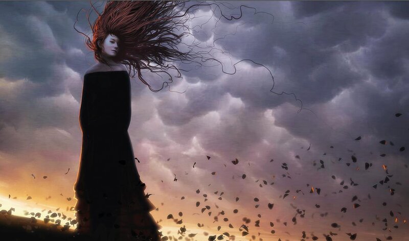 woman in stormy sky
