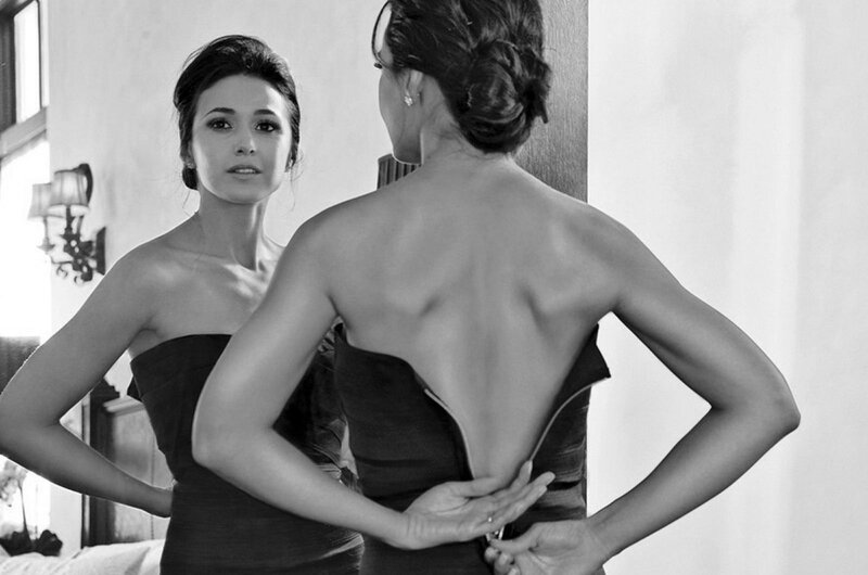 woman in strapless dress