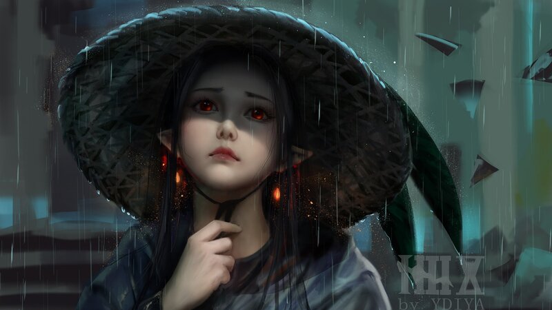 Woman in Straw Hat — Black, Dramatic, Night
