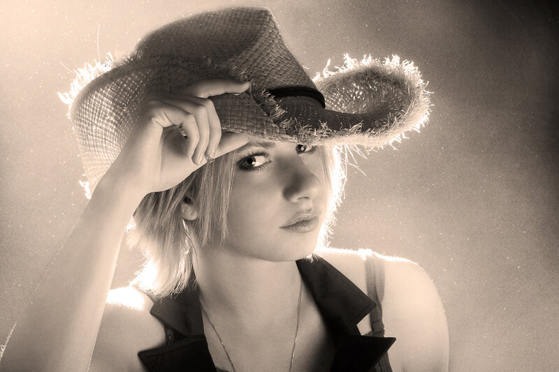 Woman in Straw Hat — Black, Dramatic, Photograph