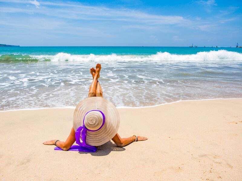Woman in Straw Hat — Blue, Relaxed, Afternoon, Photograph, Beach