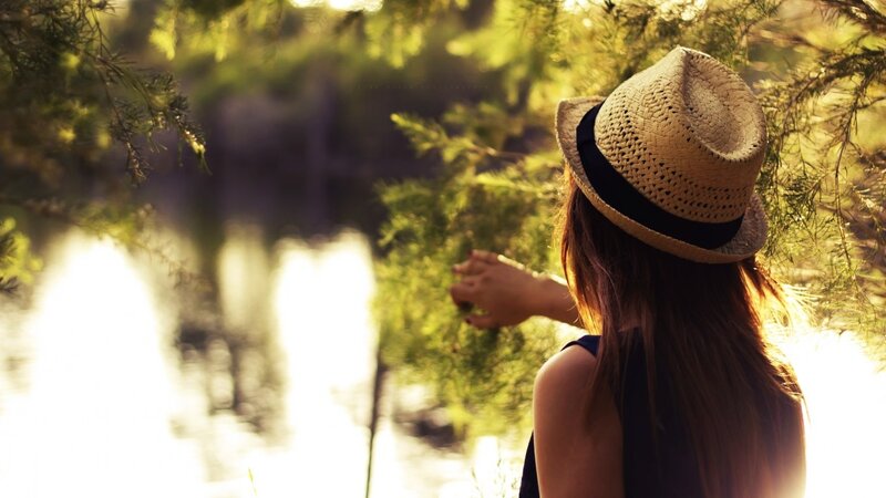 Woman in Straw Hat — Green, Serene, Sunset, Photograph