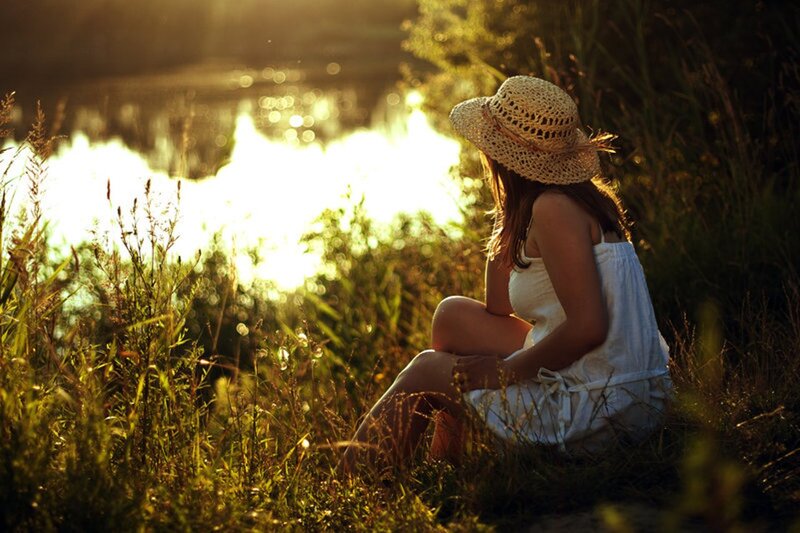 Woman in Straw Hat — Green, Serene, Sunset