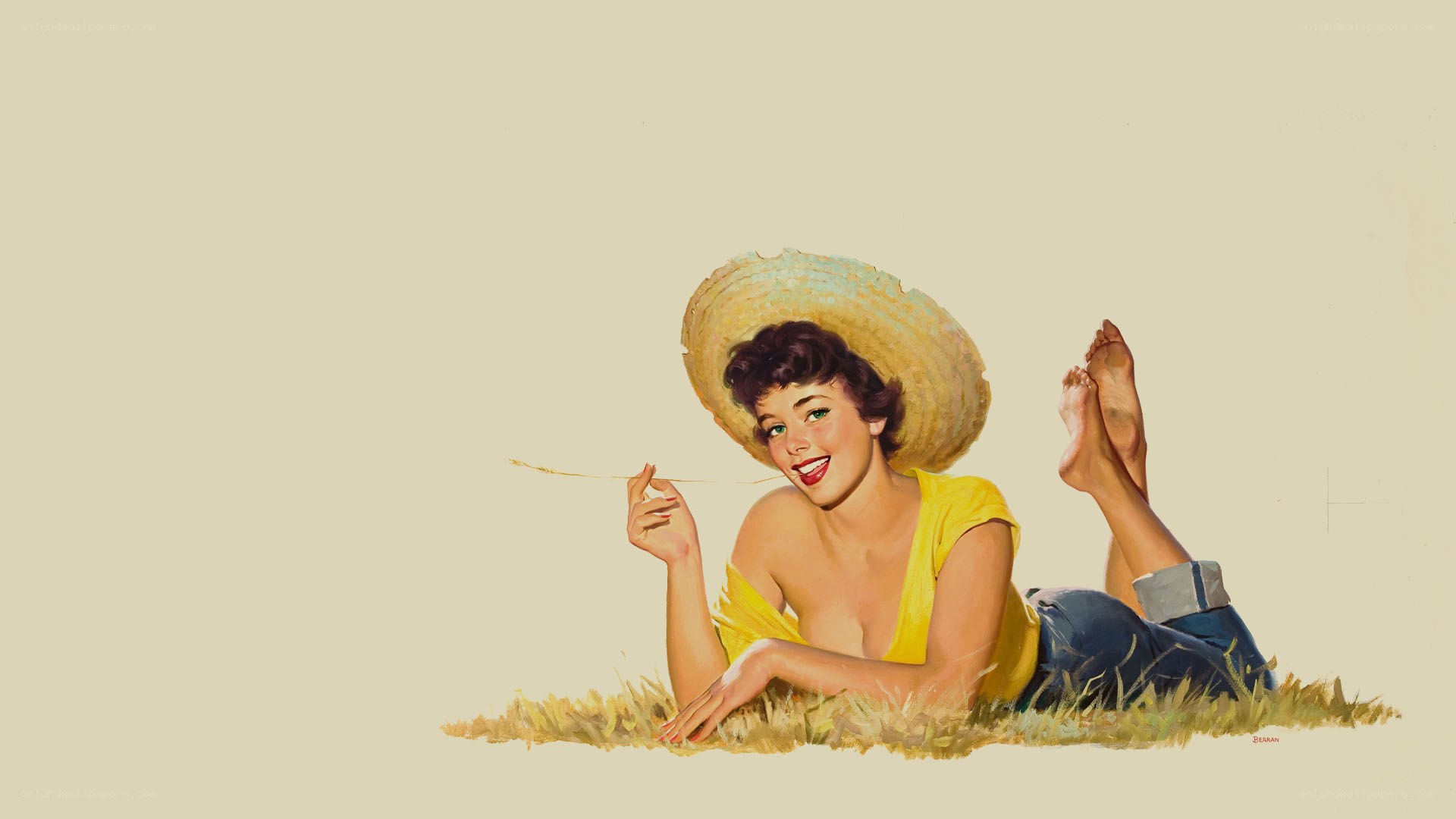 Woman in straw hat on grass