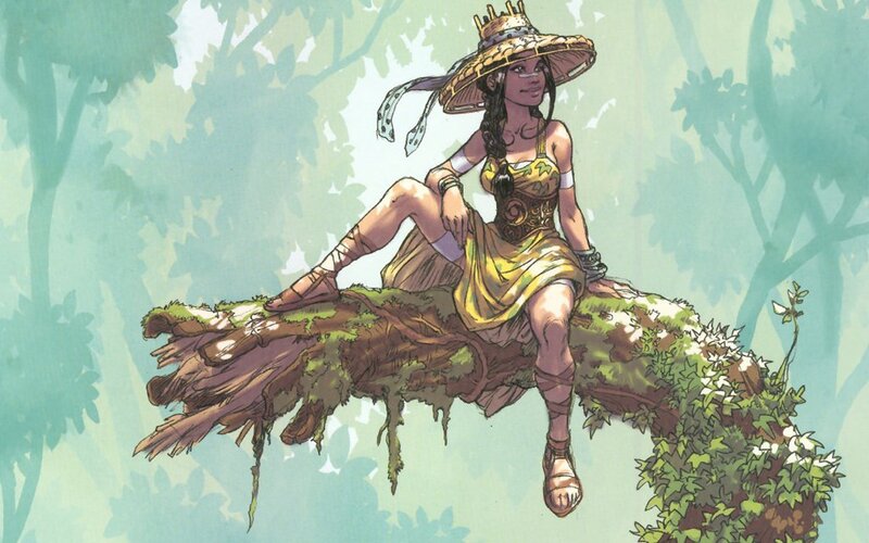 woman in straw hat on log
