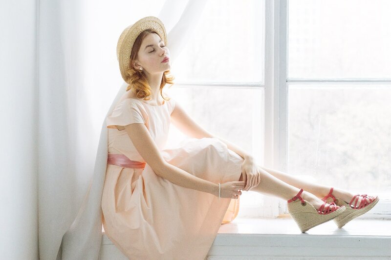 Woman in Straw Hat — Pink, Serene, Afternoon, Photograph