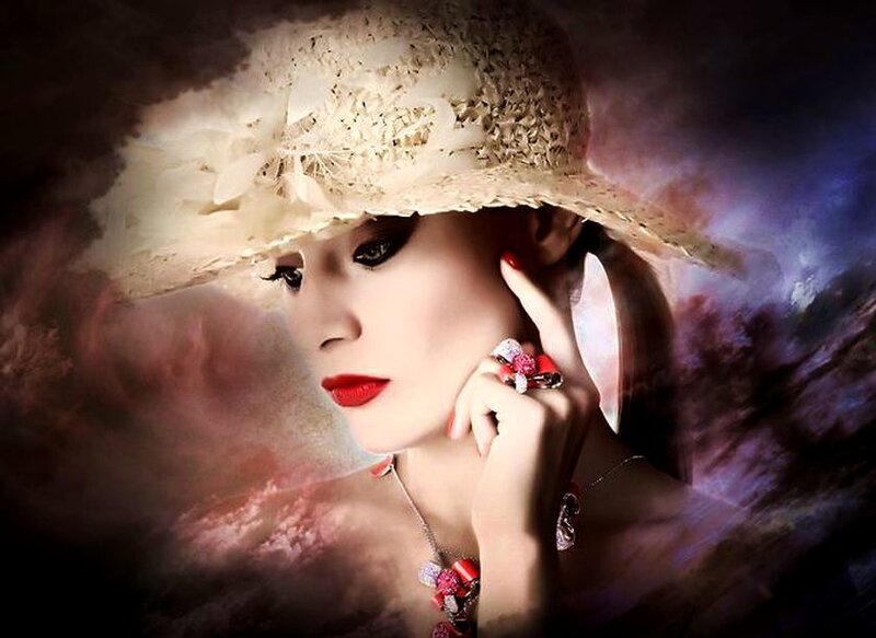 Woman in Straw Hat — White, Dramatic