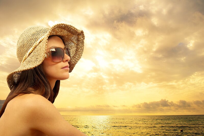 Woman in Straw Hat — Yellow, Serene, Sunset, Photograph