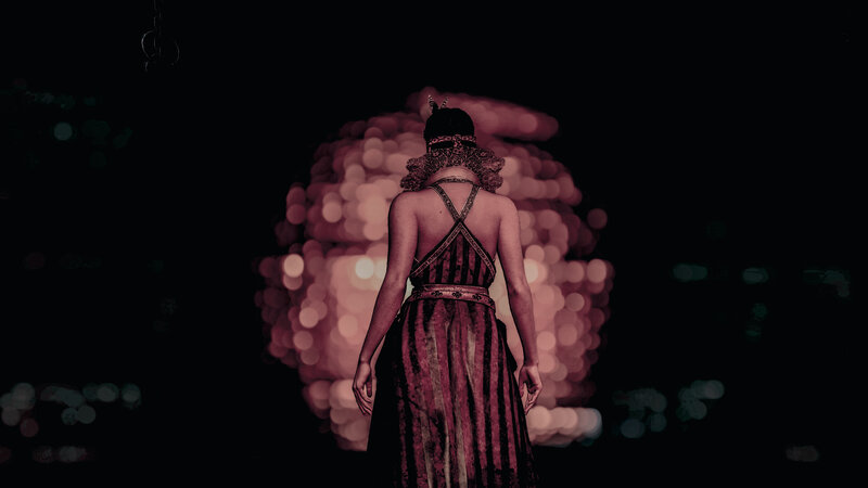 Woman in Striped Dress — Black, Dramatic, Night, 3d Render
