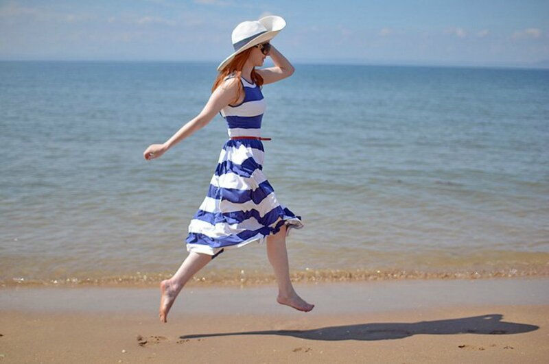 Woman in Striped Dress — Blue, Relaxed, Afternoon