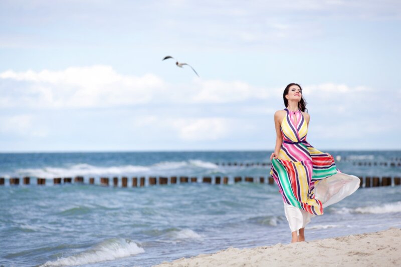 Woman in Striped Dress — Blue, Serene, Afternoon