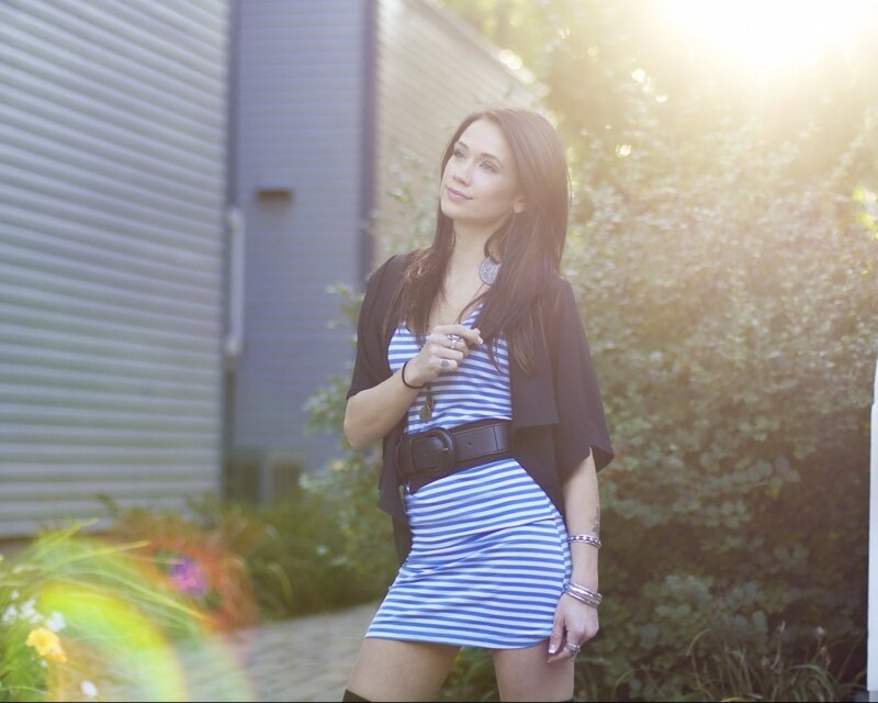 Woman in Striped Dress — Blue, Serene, Sunset, Photograph, Building, Bushes