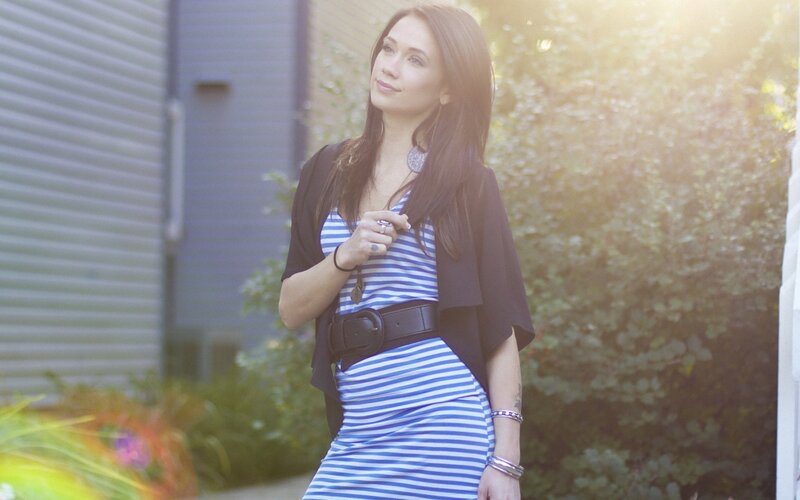 Woman in Striped Dress — Blue, Serene, Sunset, Photograph, Jacket