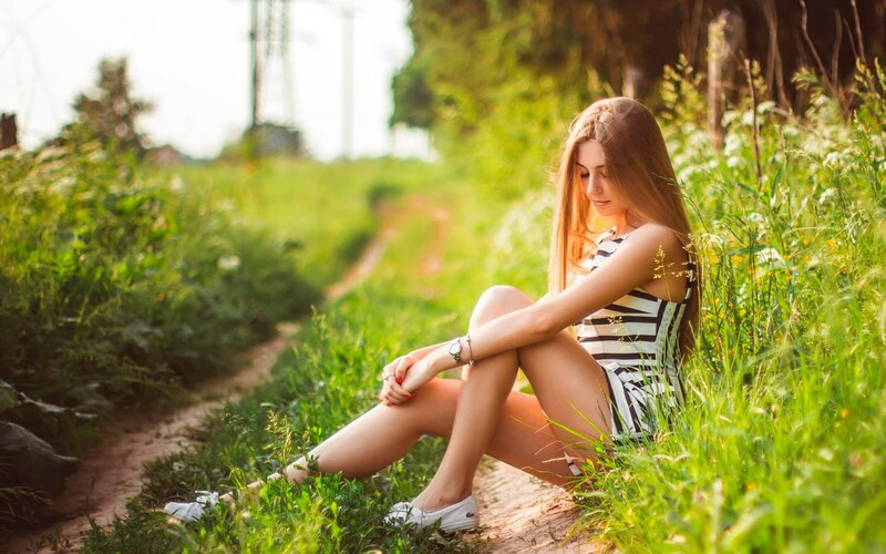 Woman in Striped Dress — Green, Serene
