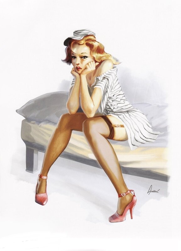 Woman in Striped Dress — White, Pensive, Illustration