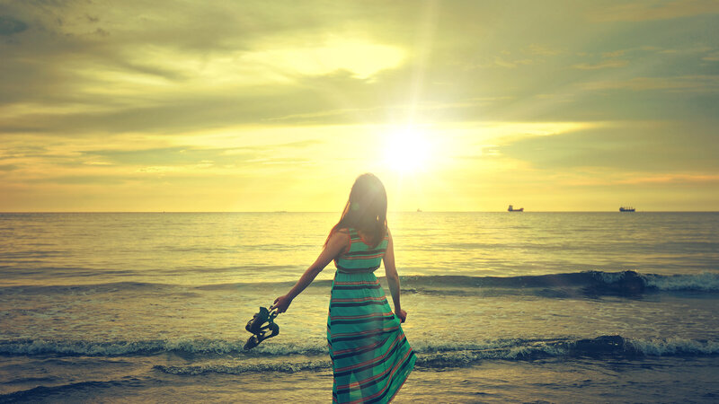 Woman in Striped Dress — Yellow, Serene, Sunset