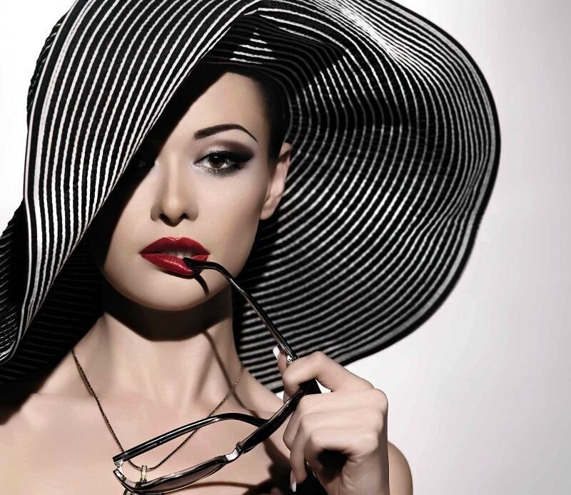 Woman in Striped Hat — Black, Dramatic