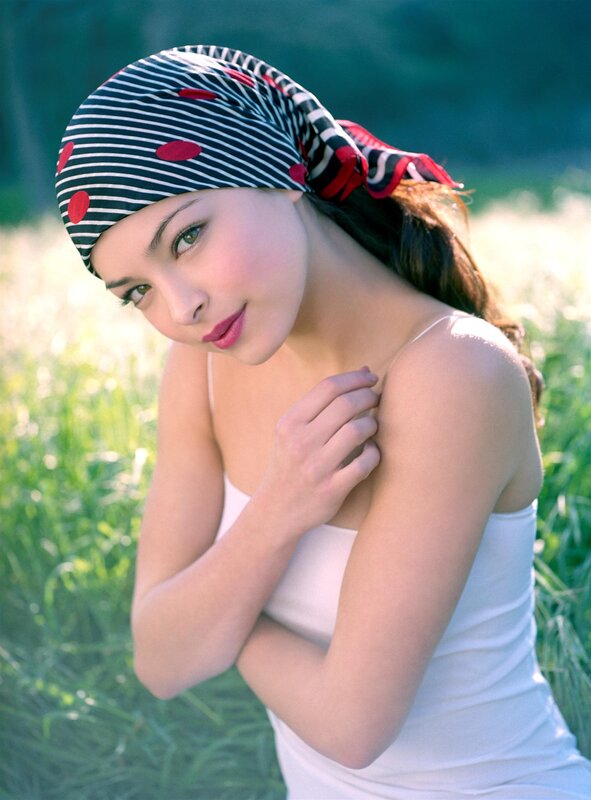woman in striped headscarf