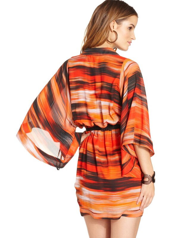 woman in striped kimono dress