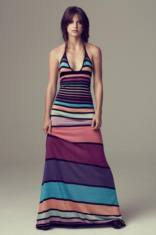 woman in striped maxi dress