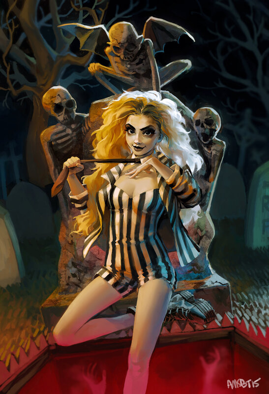 Woman in Striped Outfit — Black, Dark