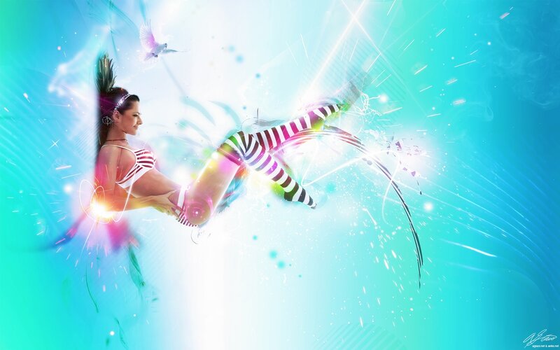 woman in striped outfit with light effects