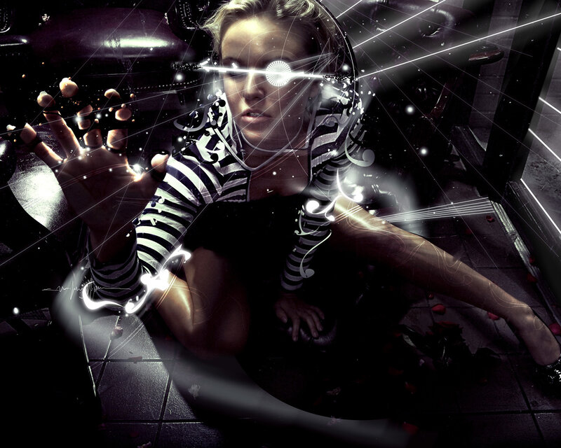 Woman in Striped Shirt — Black, Dramatic, Night, Digital Art, Music Notes
