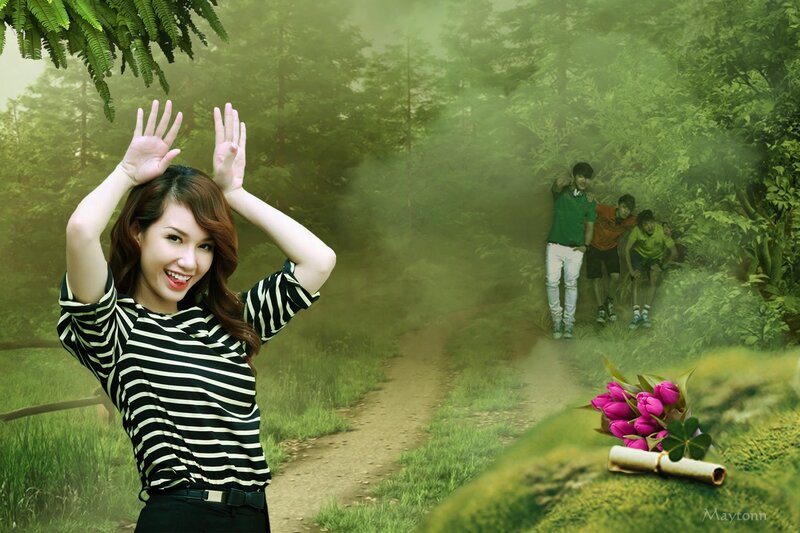 Woman in Striped Shirt — Green, Serene, Morning