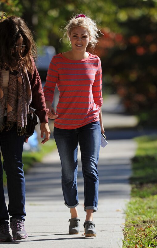 Woman in Striped Shirt — Red, Casual, Afternoon