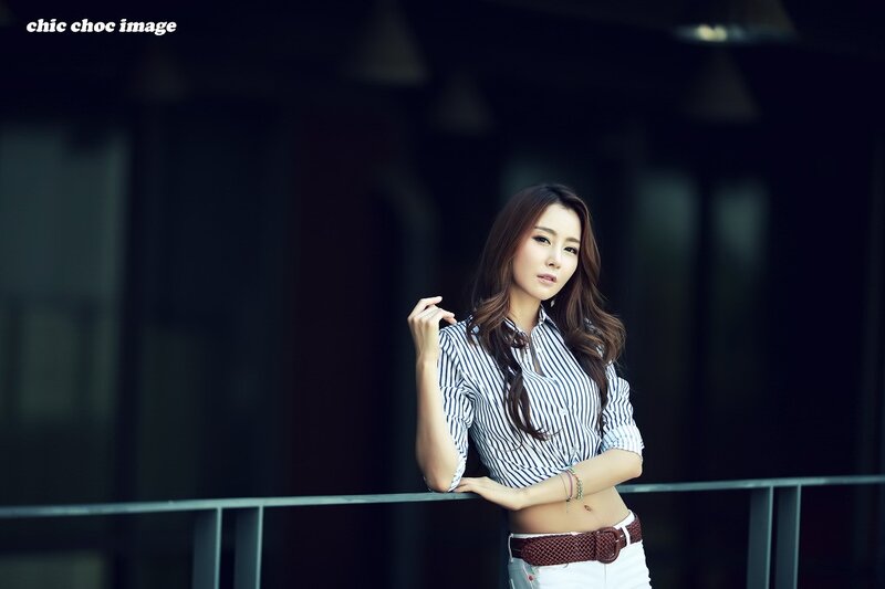 Woman in Striped Shirt — White, Confident, Photograph, Belt