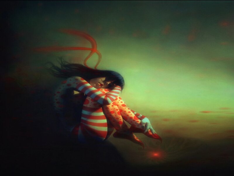 woman in striped suit floating