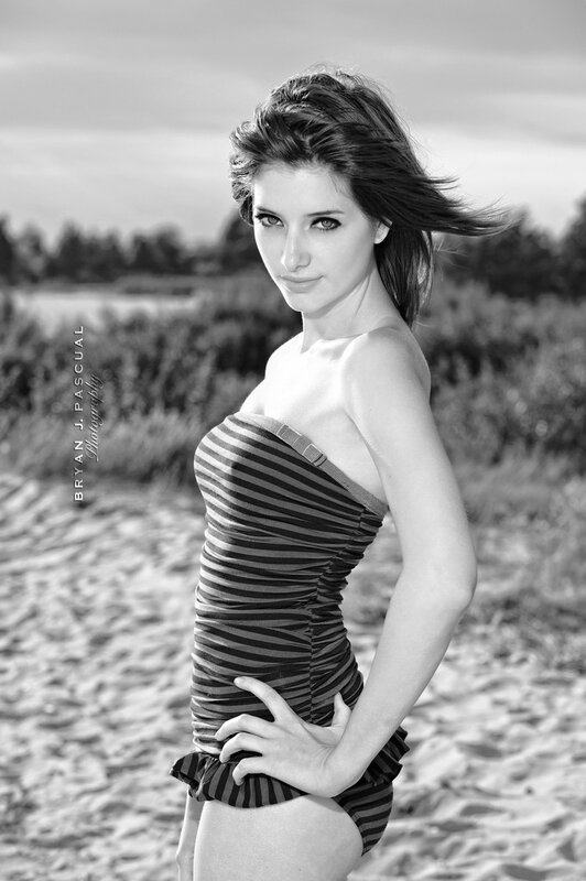 Woman in Striped Swimsuit — Black, Dramatic, Afternoon, Photograph, Beach