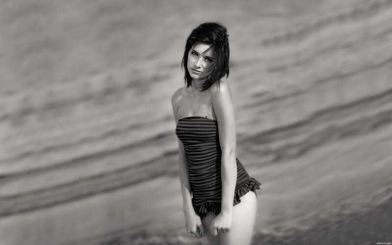 Woman in Striped Swimsuit — Black, Dramatic, Afternoon, Photograph, Sand, White