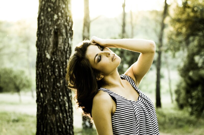 Woman in Striped Top — Black, Serene, Afternoon, Photograph