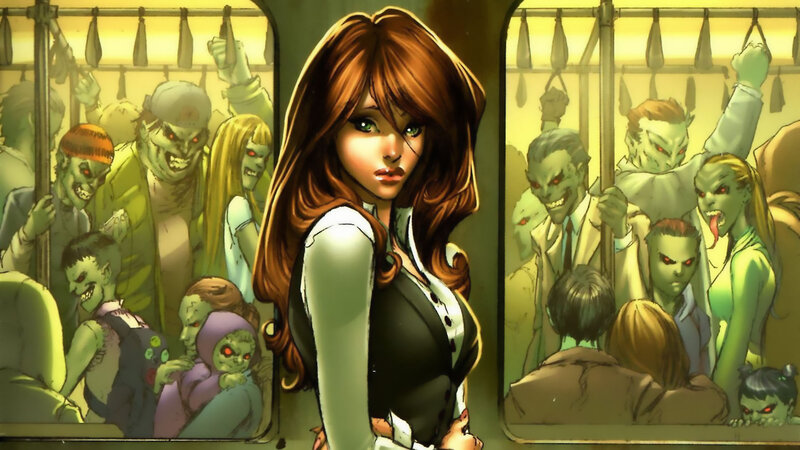 Woman in Subway Car — Green, Dramatic