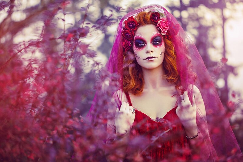 Woman in Sugar Skull Makeup — Red, Dramatic