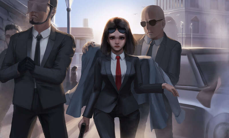 Woman in Suit with Guards
