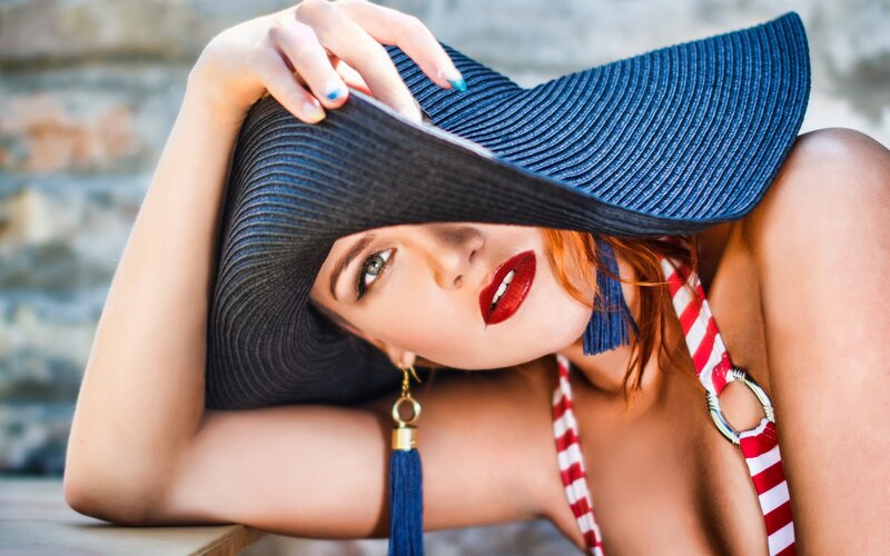 Woman in Sun Hat — Blue, Dramatic