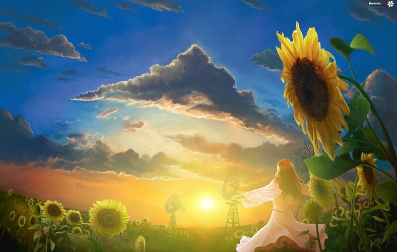 Woman in Sunflower Field — Blue