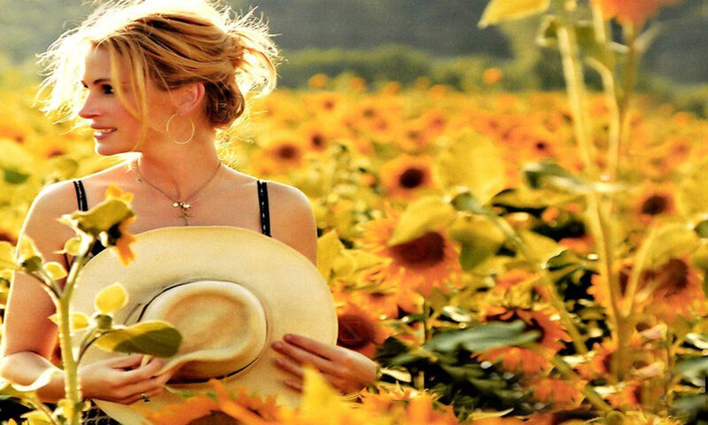 Woman in Sunflower Field — Yellow, Serene, Afternoon, Photograph, Sunflowers, Hat, Necklace
