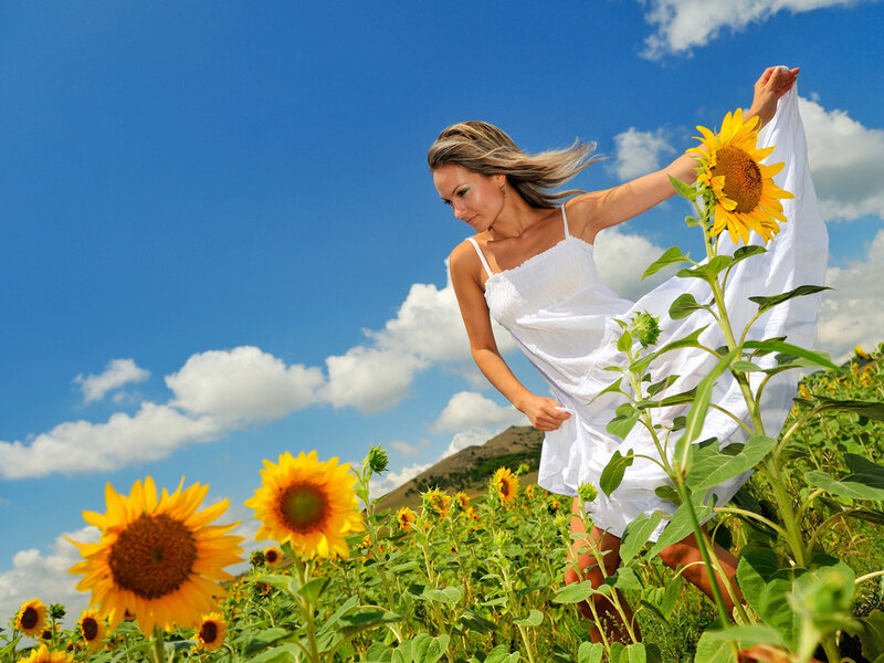 Woman in Sunflower Field — Yellow, Serene, Afternoon