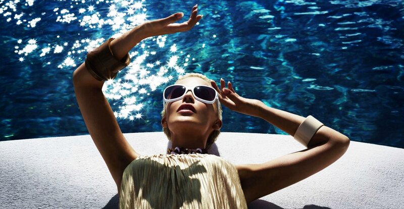 Woman in Sunglasses by Pool — Blue