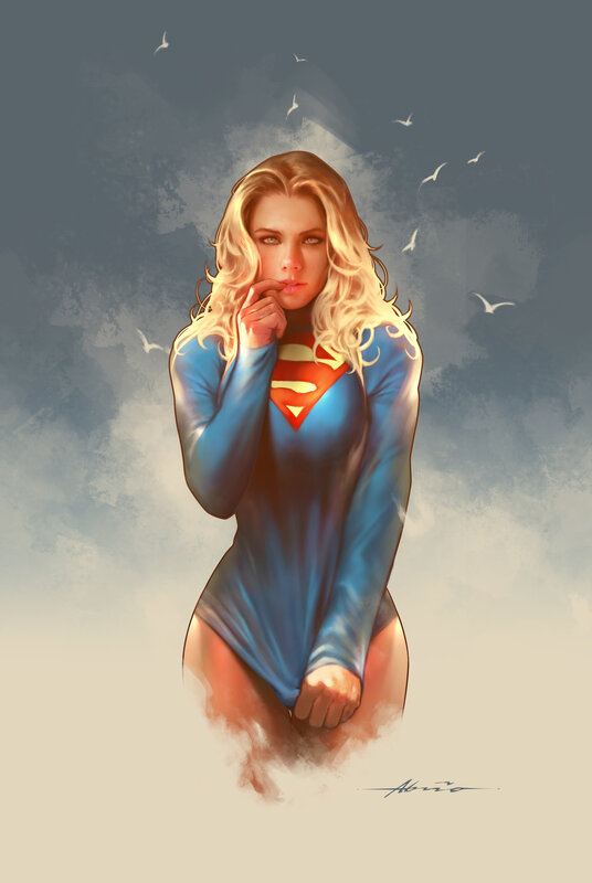 Woman in Superhero Costume — Blue, Dramatic, Digital Art, Birds