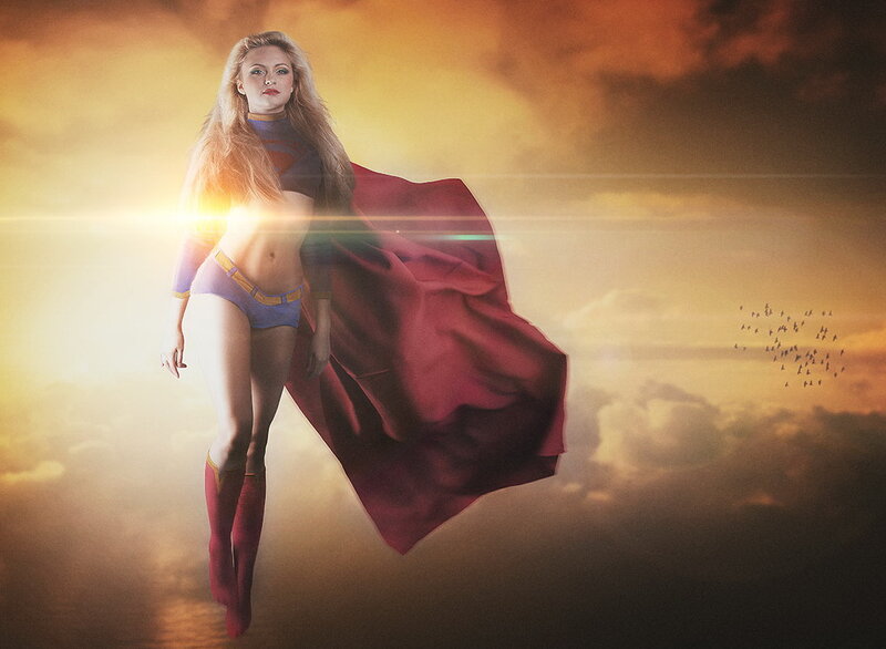 Woman in Superhero Costume — Red, Dramatic, Sunset