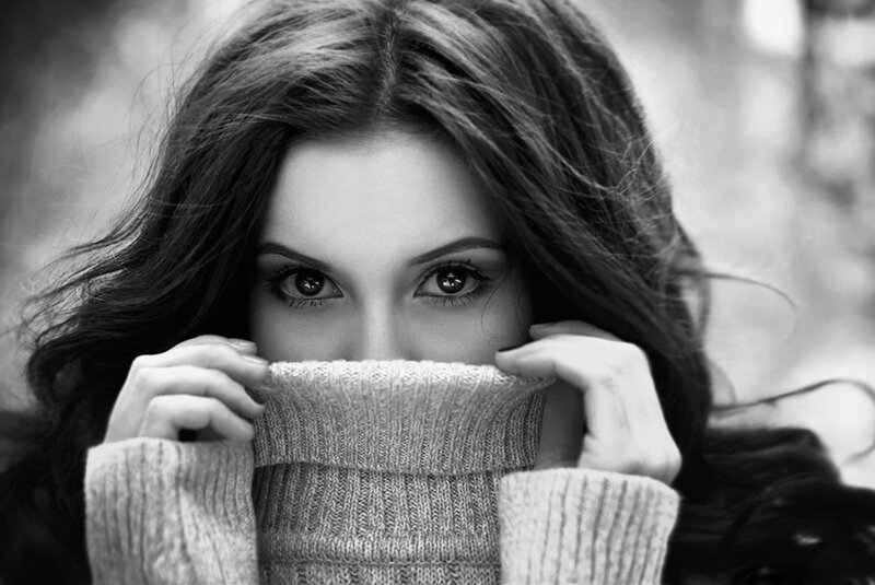 Woman in Sweater — Black, Dramatic, Photograph, Hair